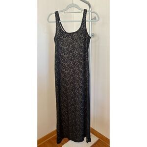 Vtg Y2k 90s Nude Black Sheer Overlay Floral Whimsigoth Fairy Prom Gown Sz 3/4